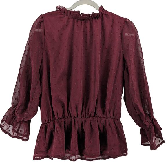 Mi Ami Lace Peplum Blouse S Red Ruffled High Neck Long Sleeves Dot Textured Work - Picture 1 of 10